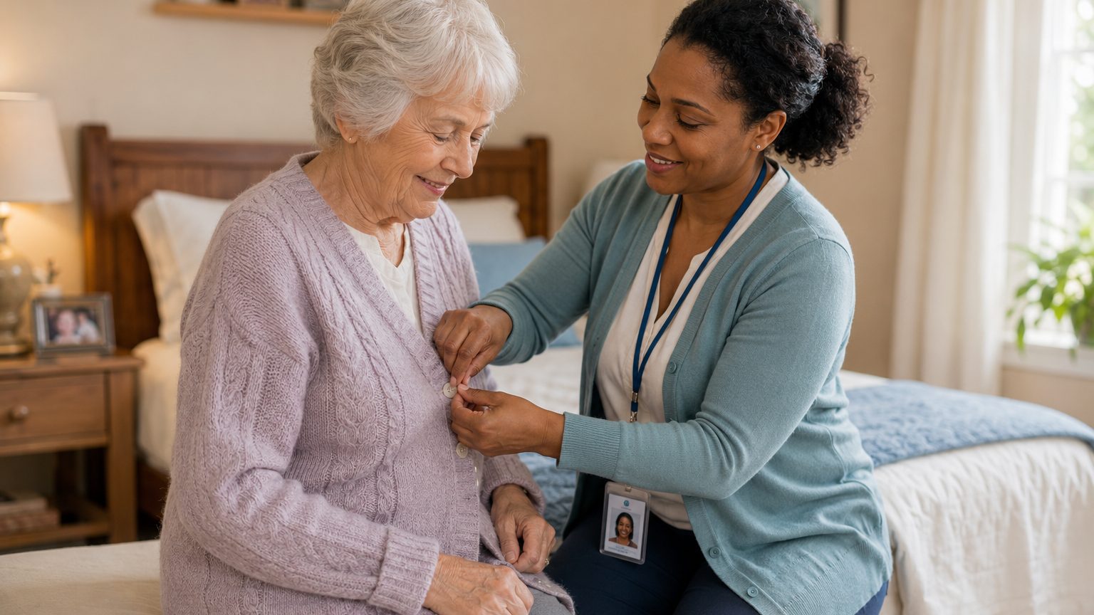 A caregiver helping an elderly woman button her cardigan